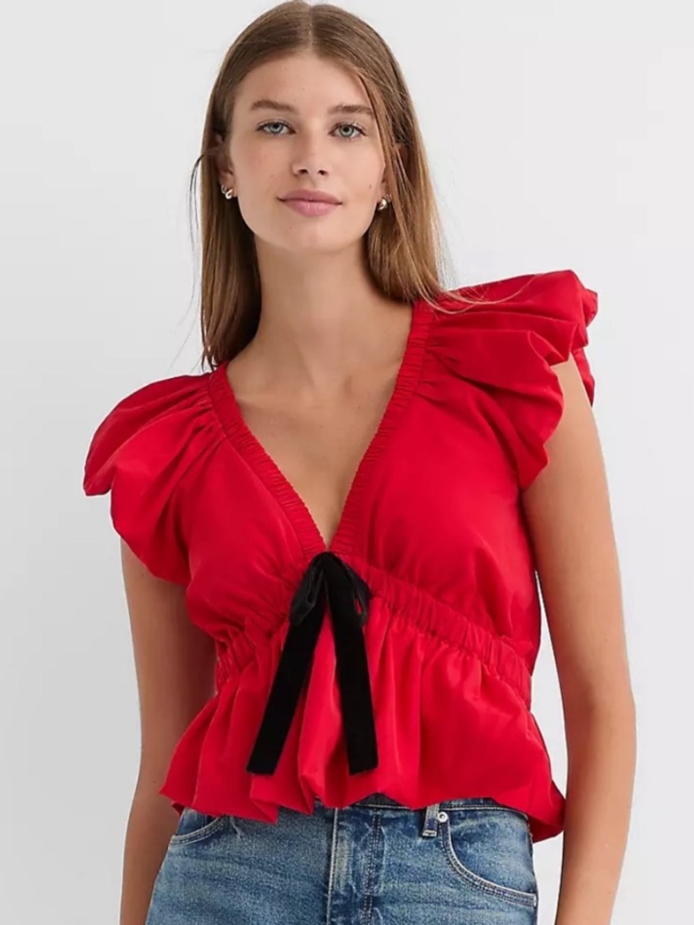 LOFT Red Velvet Bow Peplum Top Sz Large V-Neck Flutter Sleeve Blouse Coquette